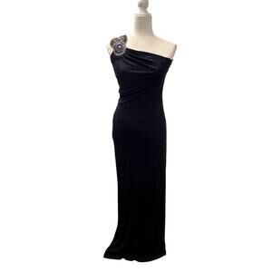 David Meister Formal Dress One Shoulder Full Length Navy Beaded Size 8